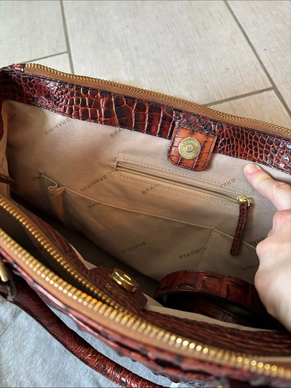 Brahmin Burnt Brown Croc-Embossed Leather Satchel